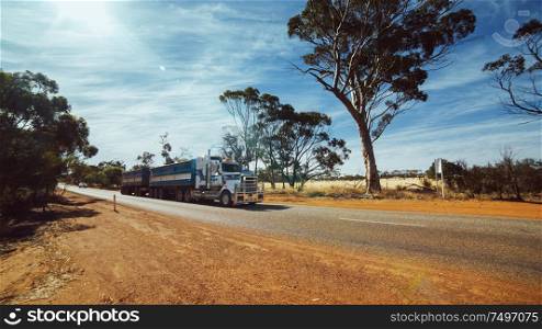 Truck transport on the asphalt road in rural landscape at noon .