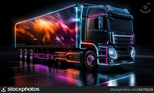 Truck with futuristic holographic display and neon lights. Freight shipping international industry. Generative AI