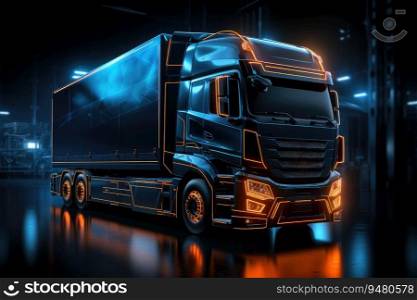 Truck with futuristic holographic display and neon lights. Freight shipping international industry. Generative AI