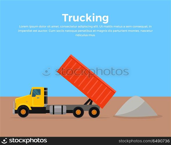 Trucking Banner Flat Design Vector Illustration. Trucking vector banner. Cargo concept in flat style design. City building. Illustration for cargo companies and services advertising. Transportation of goods and materials by heavy construction tipper.