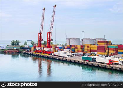 Trucks and containers in Batumi industrial sea port. Georgia