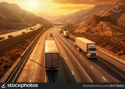 Trucks on the highway. Transportation theme. Road cars theme. Generative AI