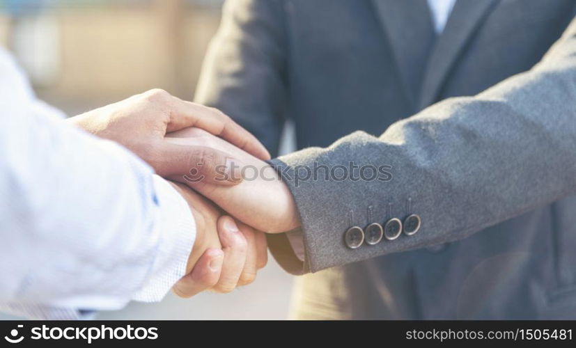 Trust Promise Concept. Honest Lawyer Partner with Professional Team make Law Business Agreement after Complete Deal. Ethics Business people handshake, touch and Respect customer to trust partnership.