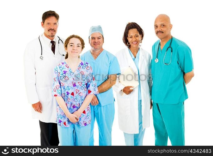 Trustworthy, diverse medical team isolated on a white background.