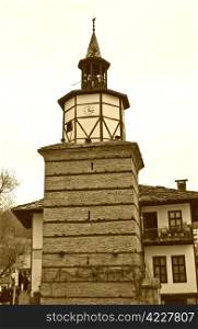 Tryavna and clock tower in sepia ? old style historical city in North Bulgaria