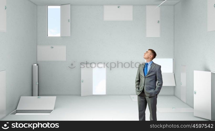 Trying to find way out. Mixed media. Businessman in room choosing one of plenty of doors