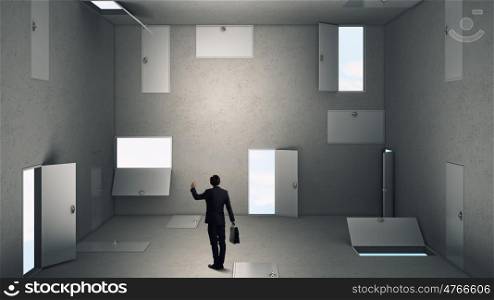 Trying to find way out. Mixed media. Businessman in room choosing one of plenty of doors