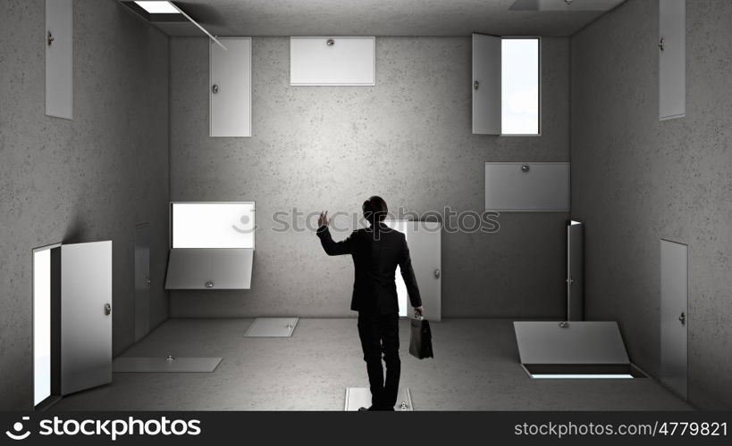 Trying to find way out. Mixed media. Businessman in room choosing one of plenty of doors