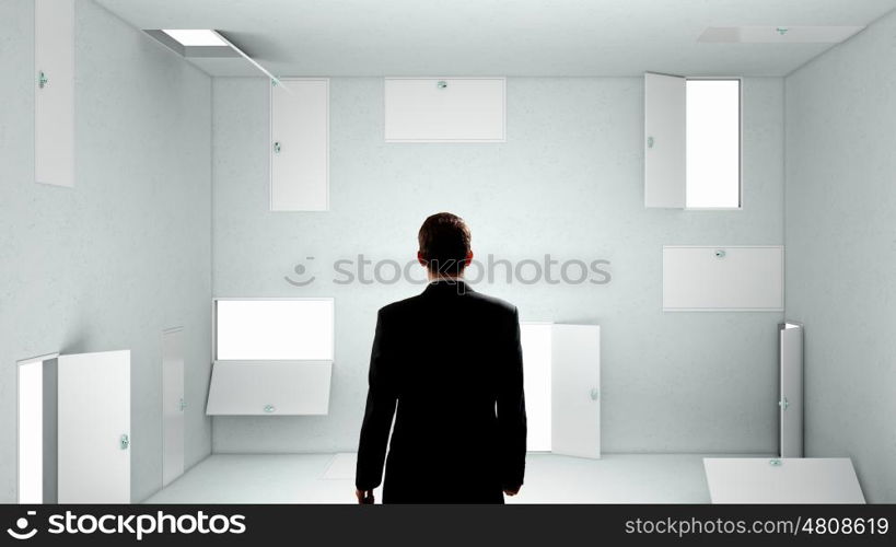 Trying to find way out. Mixed media. Businessman in room choosing one of plenty of doors