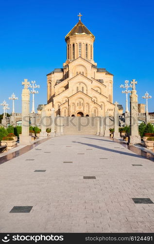 Tsminda Sameba Church (The Holy Trinity Cathedral of Tbilisi) at evening, located in Tbilisi, capital of Georgia