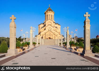 Tsminda Sameba Church (The Holy Trinity Cathedral of Tbilisi) at evening, located in Tbilisi, capital of Georgia