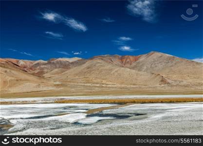 Tso Kar - fluctuating salt lake in Himalayas. Rapshu, Ladakh, Jammu and Kashmir, India