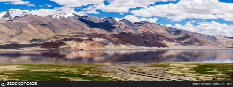 Tso Moriri mountain lake panorama with mountains and blue sky reflections in the lake (north India)