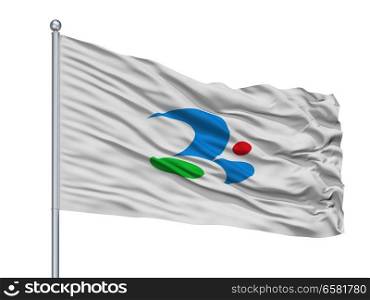 Tsukubamirai City Flag On Flagpole, Country Japan, Ibaraki Prefecture, Isolated On White Background. Tsukubamirai City Flag On Flagpole, Japan, Ibaraki Prefecture, Isolated On White Background