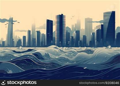 tsunami and coastal flooding in a modern metropolis with towering skyscrapers, created with≥≠rative ai. tsunami and coastal flooding in a modern metropolis with towering skyscrapers
