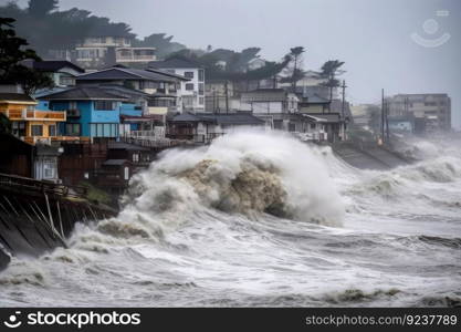 tsunami hits shoreline with massive wave, flooding the beach and nearby structures, created with generative ai. tsunami hits shoreline with massive wave, flooding the beach and nearby structures