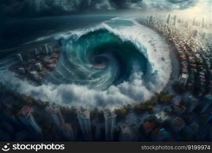 Tsunami wave apocalyptic water view urban flood Storm. Neural network AI generated art. Tsunami wave apocalyptic water view urban flood Storm. Neural network AI generated