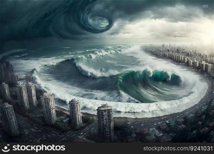 Tsunami wave apocalyptic water view urban flood Storm. Neural network AI generated art. Tsunami wave apocalyptic water view urban flood Storm. Neural network AI generated