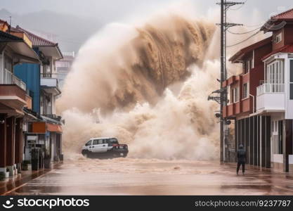 tsunami wave crashes into coastal city, flooding streets and destroying buildings, created with generative ai. tsunami wave crashes into coastal city, flooding streets and destroying buildings