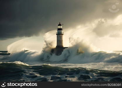 tsunami wave hitting historic lighthouse, with the tower and lantern shining, created with generative ai. tsunami wave hitting historic lighthouse, with the tower and lantern shining