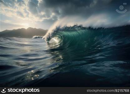 tsunami wave rolling over serene water, with dramatic skies in the background, created with generative ai. tsunami wave rolling over serene water, with dramatic skies in the background
