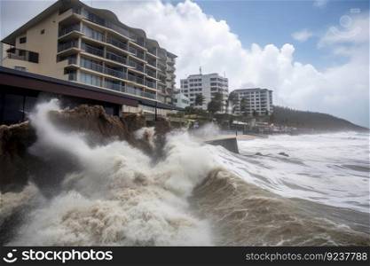 tsunami waves battering beachside hotels and resorts, causing massive damage to property and infrastructure, created with generative ai. tsunami waves battering beachside hotels and resorts, causing massive damage to property and infrastructure