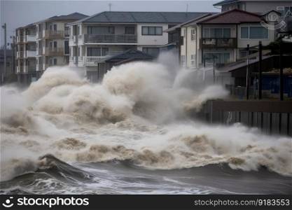 tsunami waves crash over seawalls, flooding coastal cities and towns, created with generative ai. tsunami waves crash over seawalls, flooding coastal cities and towns