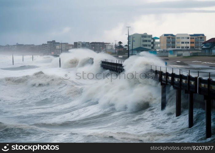 tsunami waves crash over seawalls, flooding coastal cities and towns, created with generative ai. tsunami waves crash over seawalls, flooding coastal cities and towns