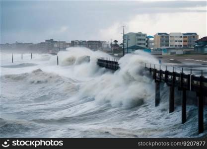 tsunami waves crash over seawalls, flooding coastal cities and towns, created with generative ai. tsunami waves crash over seawalls, flooding coastal cities and towns