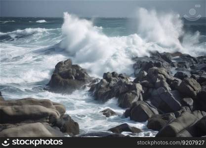 tsunami waves crashing against rocky shoreline, created with generative ai. tsunami waves crashing against rocky shoreline