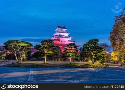 Tsuruga-jo castle, light up at night time. Aizu Wakamatsu, Fukushima Japan.