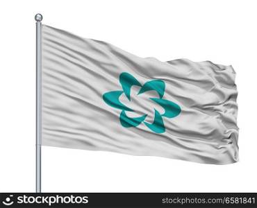 Tsushima City Flag On Flagpole, Country Japan, Nagasaki Prefecture, Isolated On White Background. Tsushima City Flag On Flagpole, Japan, Nagasaki Prefecture, Isolated On White Background