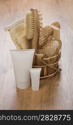 tubes and wooden bucket