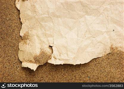 tuft of old torn paper on a sandy beach