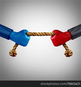 Tug of war as two opposing businessmen rivals pulling rope as a battle to win over an opponent and a test of business strength as a competition metaphor for financial strategy power between adversaries.