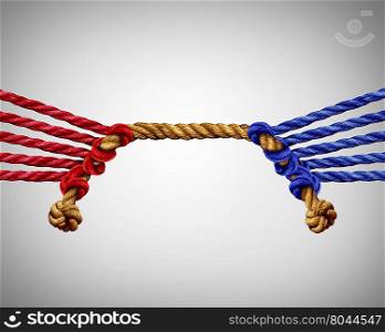 Tug of war business competition as a group of red versus blue ropes competing in opposite sides as a teamwork clash metaphor for team rivalry or corporate rivals.