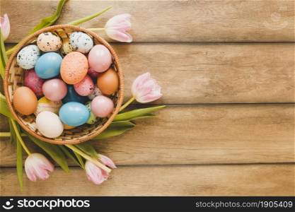 tulips around bowl with eggs. Beautiful photo. tulips around bowl with eggs