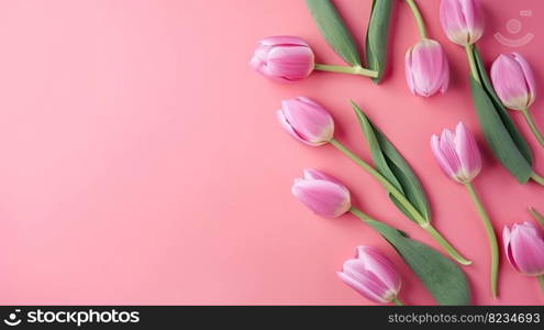 Tulips border with copy space on a colored background. Frame composition of spring flowers. Generative AI 