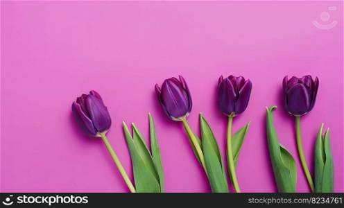 Tulips border with copy space on a colored background. Frame composition of spring flowers. Generative AI 