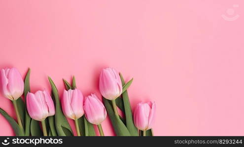 Tulips border with copy space on a colored background. Frame composition of spring flowers. Generative AI 