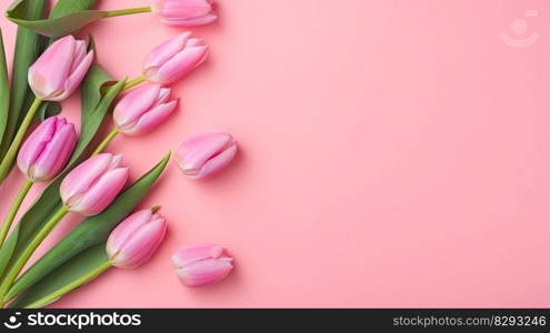 Tulips border with copy space on a colored background. Frame composition of spring flowers. Generative AI 