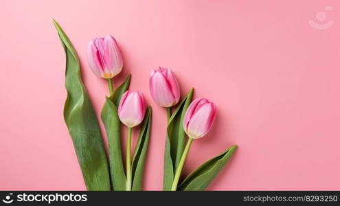 Tulips border with copy space on a colored background. Frame composition of spring flowers. Generative AI 