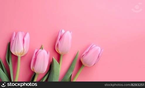 Tulips border with copy space on a colored background. Frame composition of spring flowers. Generative AI 