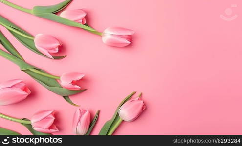 Tulips border with copy space on a colored background. Frame composition of spring flowers. Generative AI 