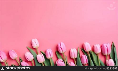 Tulips border with copy space on a colored background. Frame composition of spring flowers. Generative AI 
