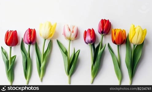 Tulips border with copy space on a white background. Frame composition of spring flowers. Generative AI 