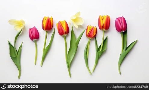 Tulips border with copy space on a white background. Frame composition of spring flowers. Generative AI 