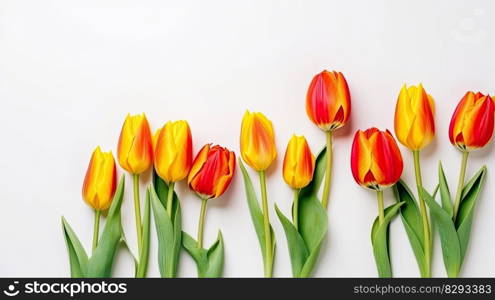 Tulips border with copy space on a white background. Frame composition of spring flowers. Generative AI 