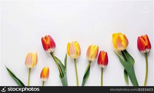 Tulips border with copy space on a white background. Frame composition of spring flowers. Generative AI 