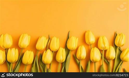 Tulips border with©space on a colored background. Frame composition of spring flowers. Ge≠rative AI 